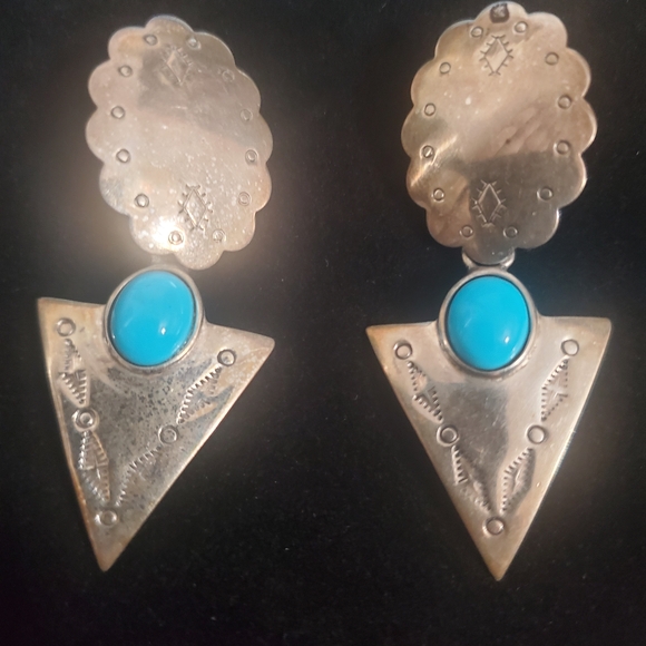 VINTAGE STERLING SILVER Turquoise and Silver Geometric Earrings WOMENS